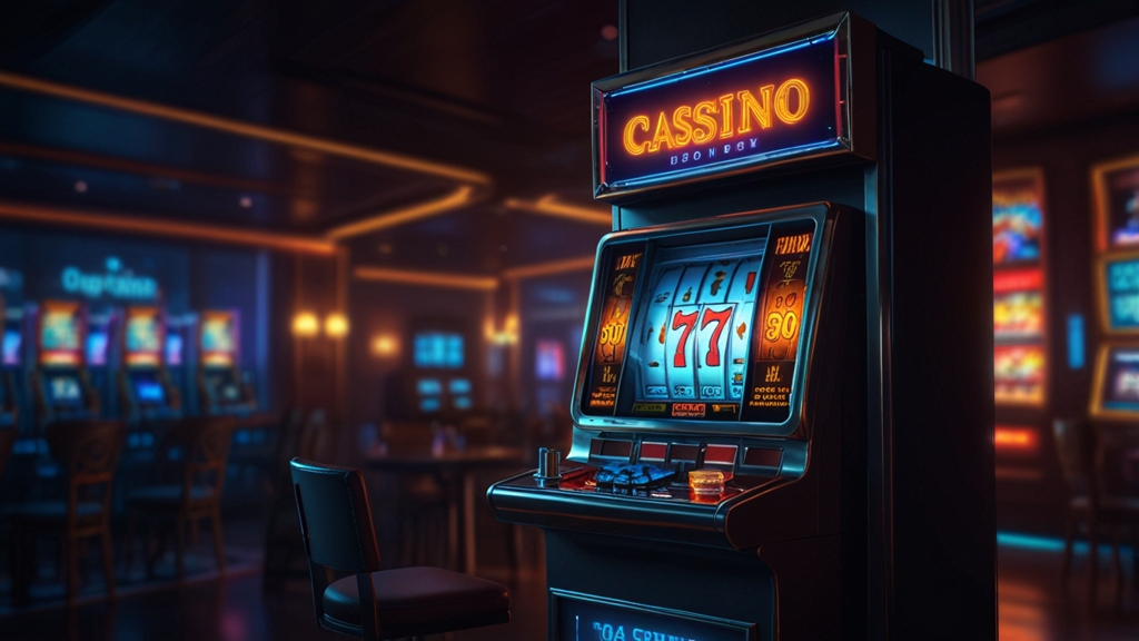 A promo code entry screen glowing in a dark casino with a bonus ticket and slot machine