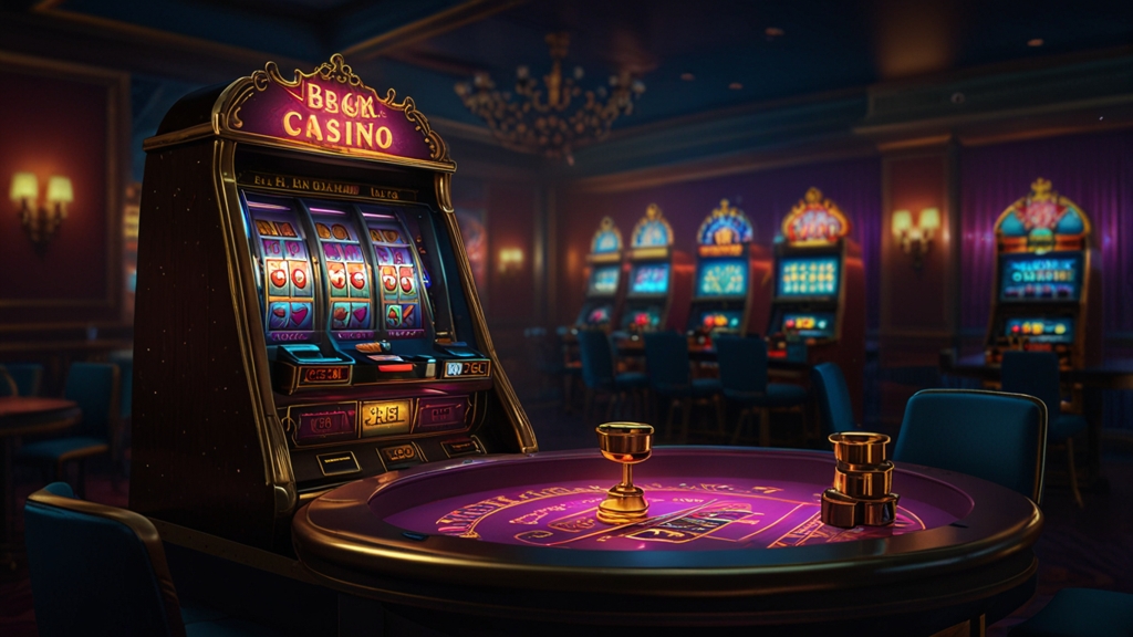 A casino bonus terms screen with a glowing reward box and slot reels in a dark setting