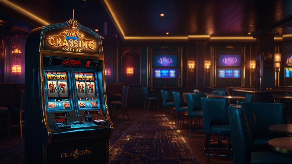 A new player screen beside a slot machine with a free bonus token in a dark casino