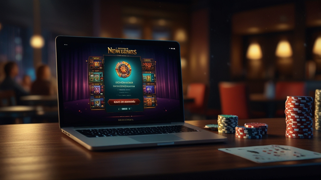 Bonus terms displayed on a laptop with a phone in a dark casino setting