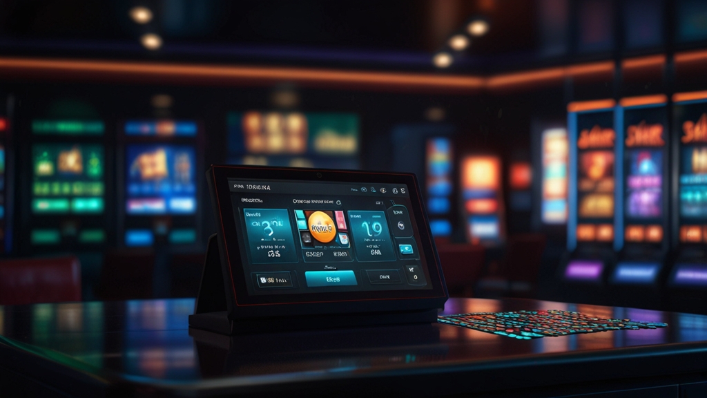 Glowing casino cashier screen with payment icons, cards, and chips in a dark neon setting
