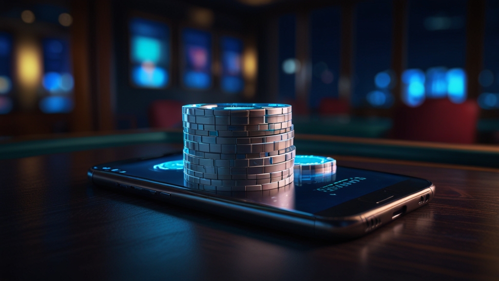 Smartphone showing a secure casino app download page in a dark casino setting.