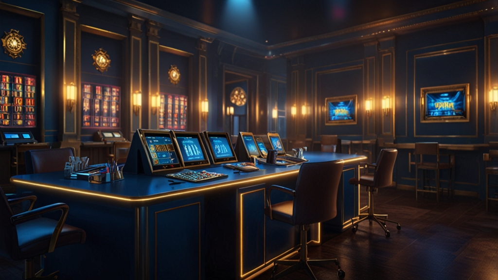 Casino cashier desk with ID documents and payout checklist under moody lighting