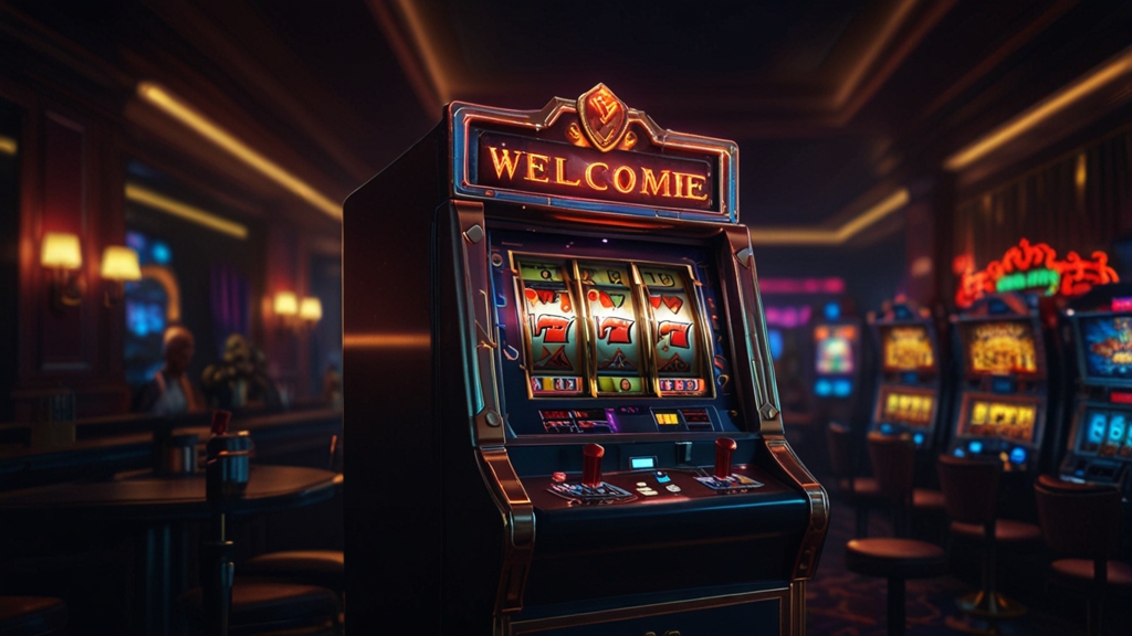 A welcome bonus package glowing above a slot machine in a dark casino